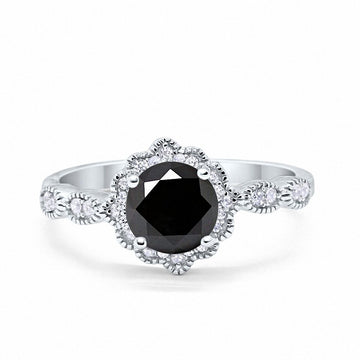 Floral Art Wedding Ring Simulated Black Cubic Zirconia 925 Sterling Silver